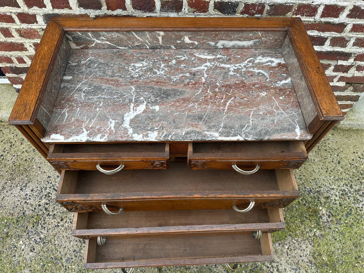 Art Deco chest of drawers, marble top, solid oak, dressing table