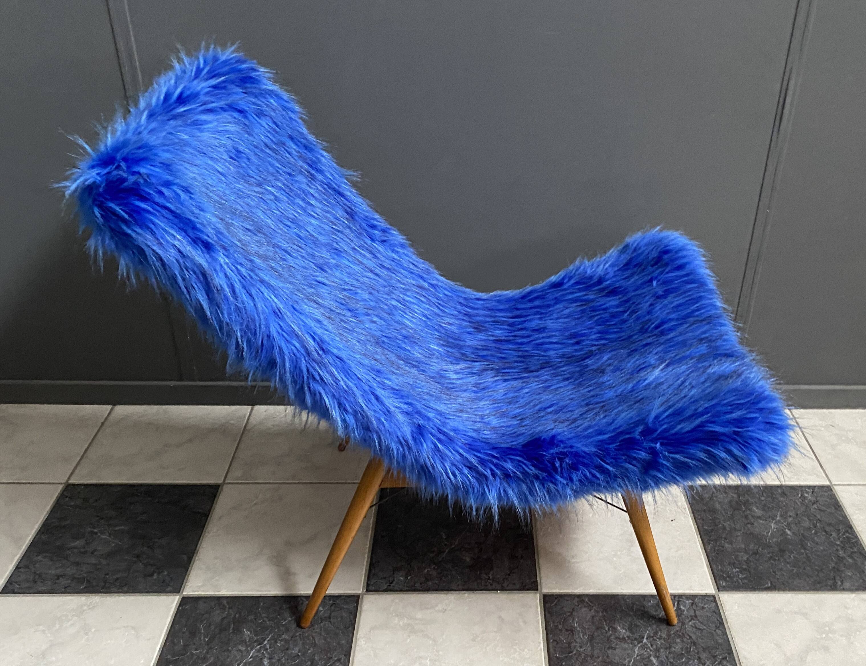 iconic Miroslav Navratil chair blue fluffy fabric for Český Nábytek 1960s