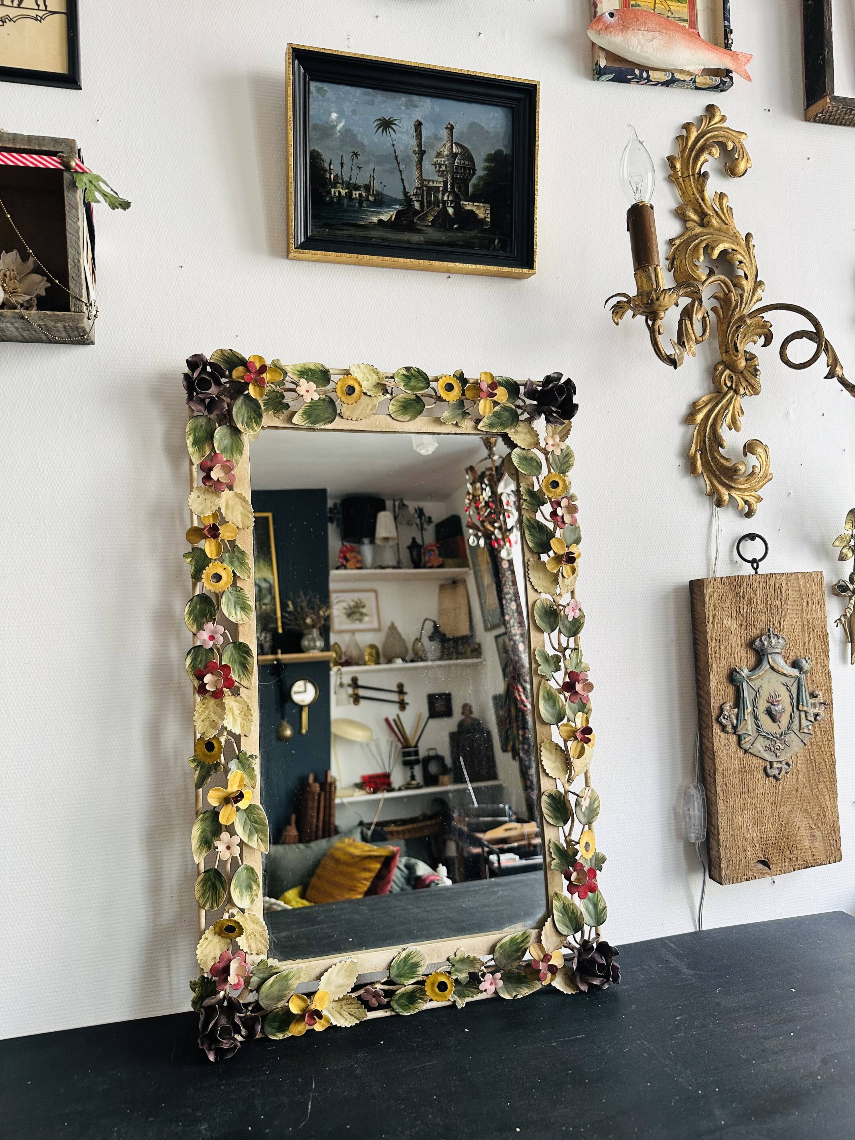 Italian wall mirror in polychrome floral metal, 1950s