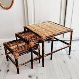 Trio of nesting tables in wood and rattan