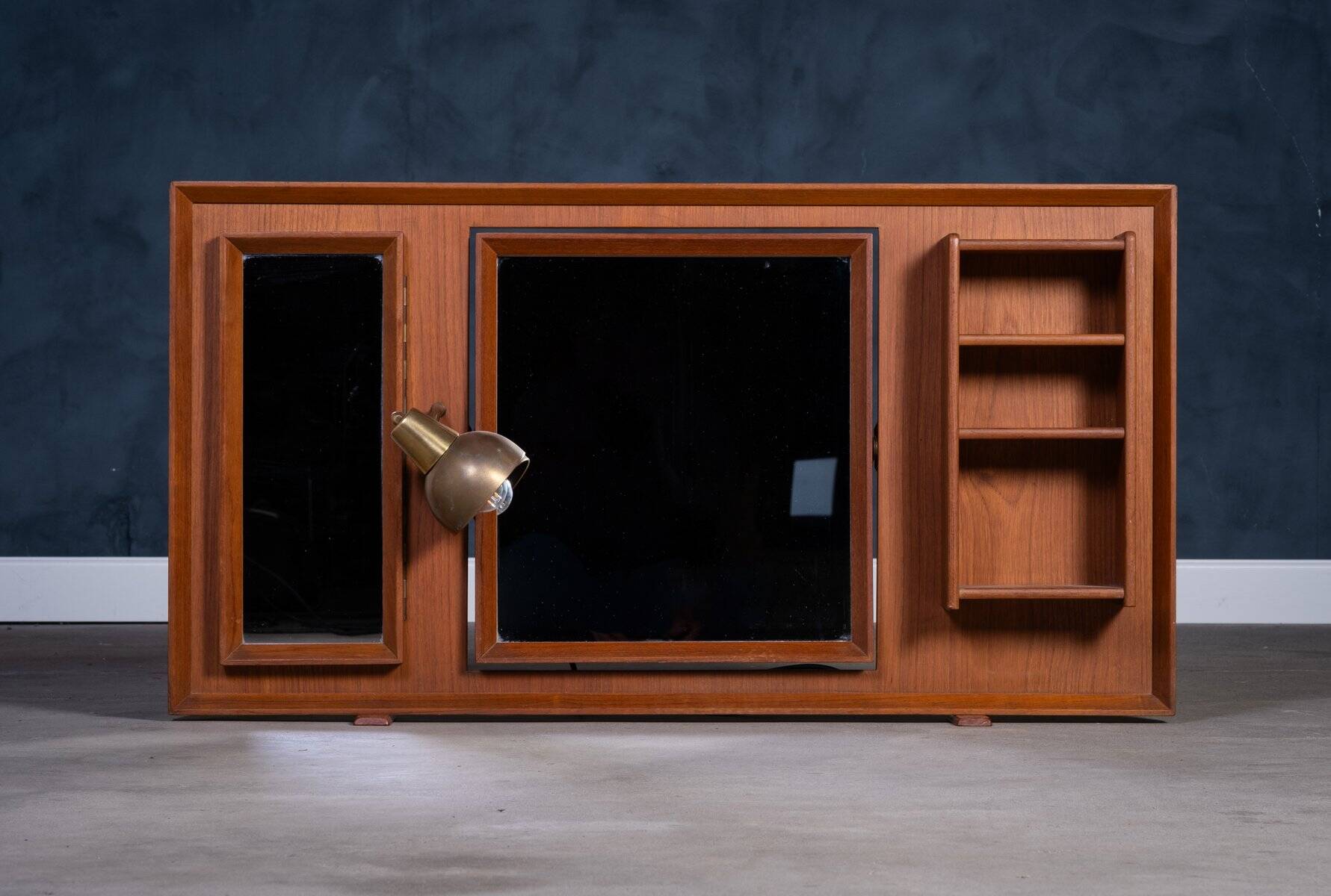 Vintage Free-Standing Teak Mirror with Lamp, 1960s