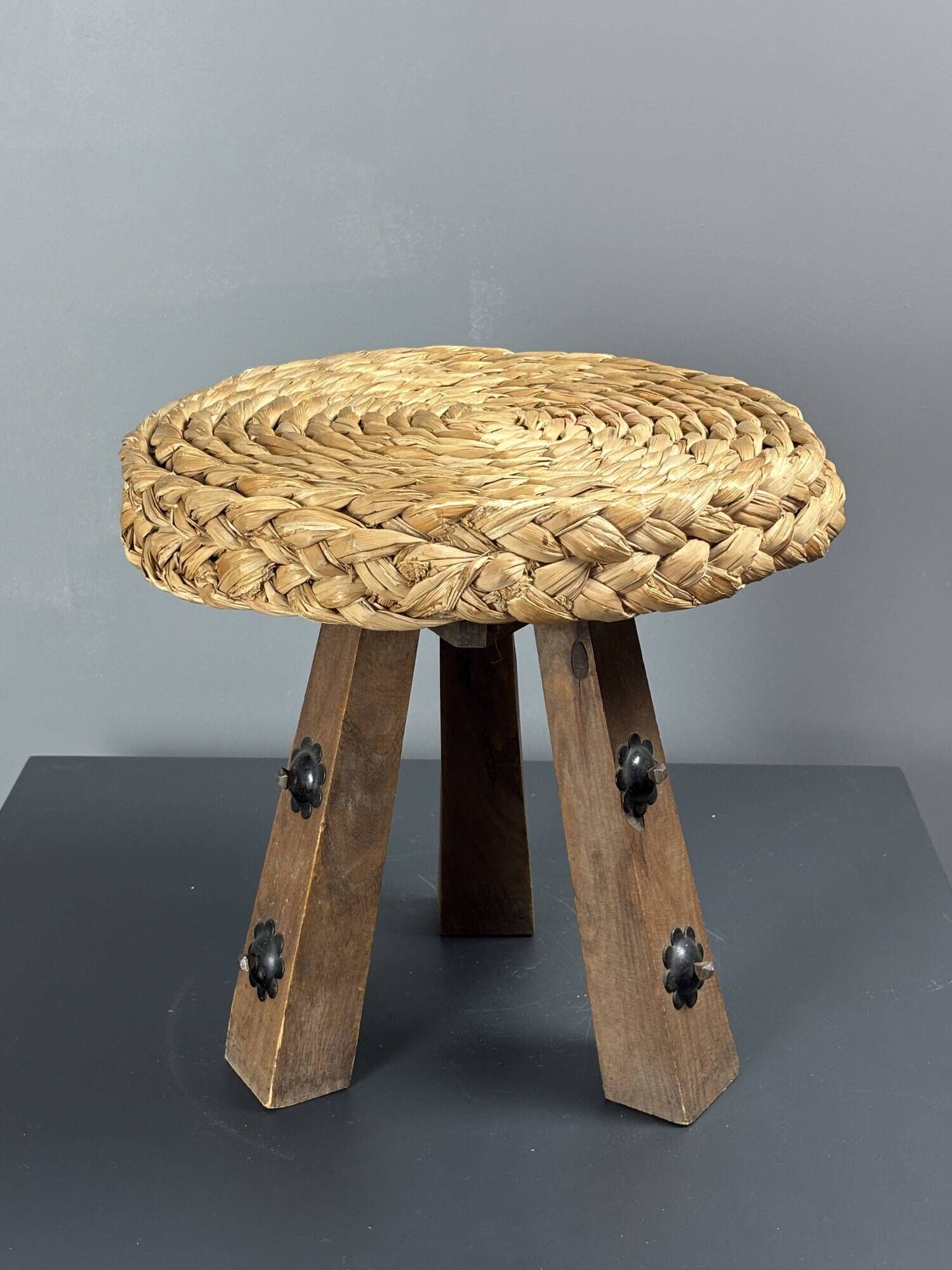 Midcentury braided rope tripod stool in the style of Audoux & Minet, 1950s