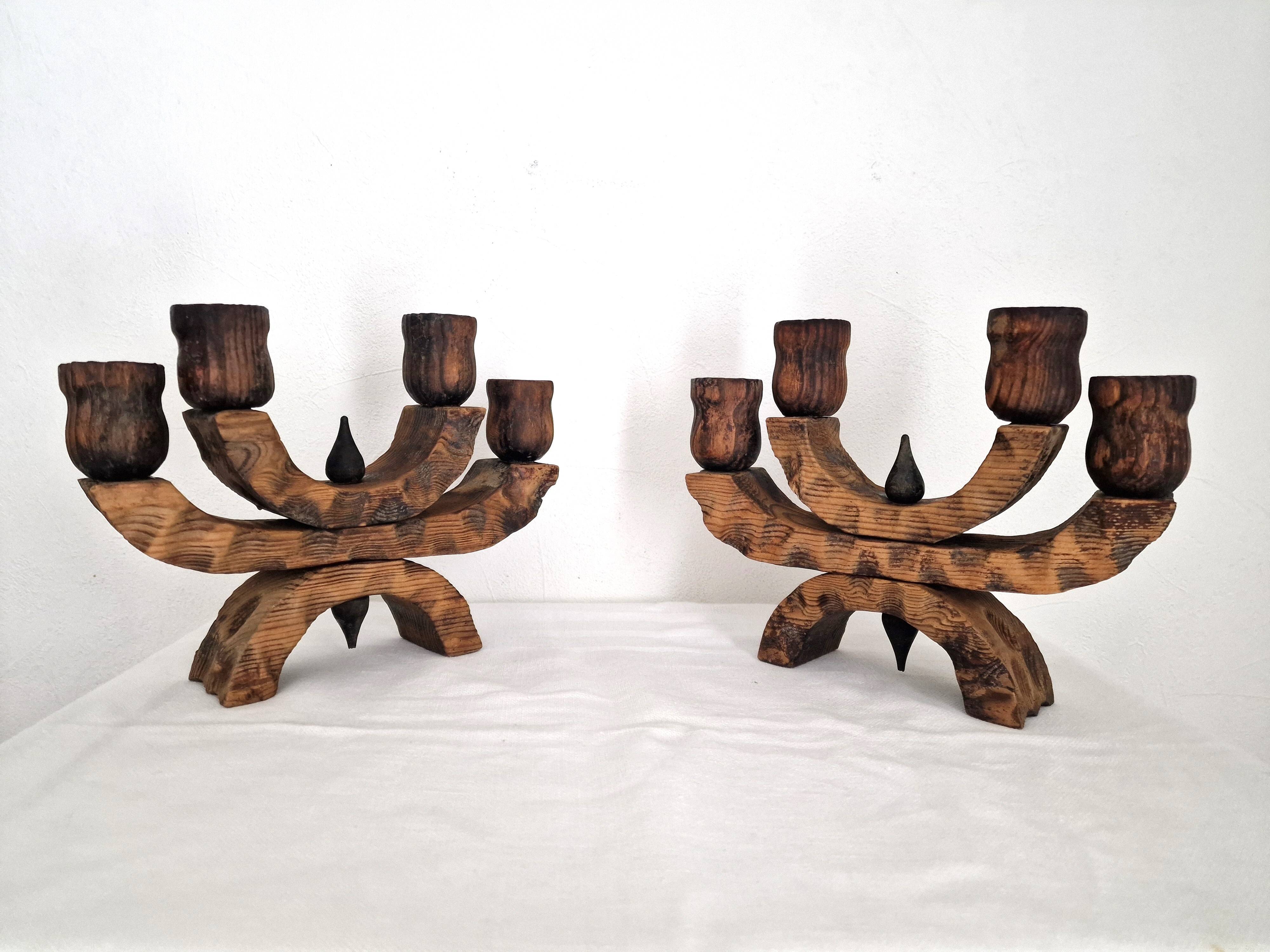 Pair of Brutalist Wooden Candle Holders