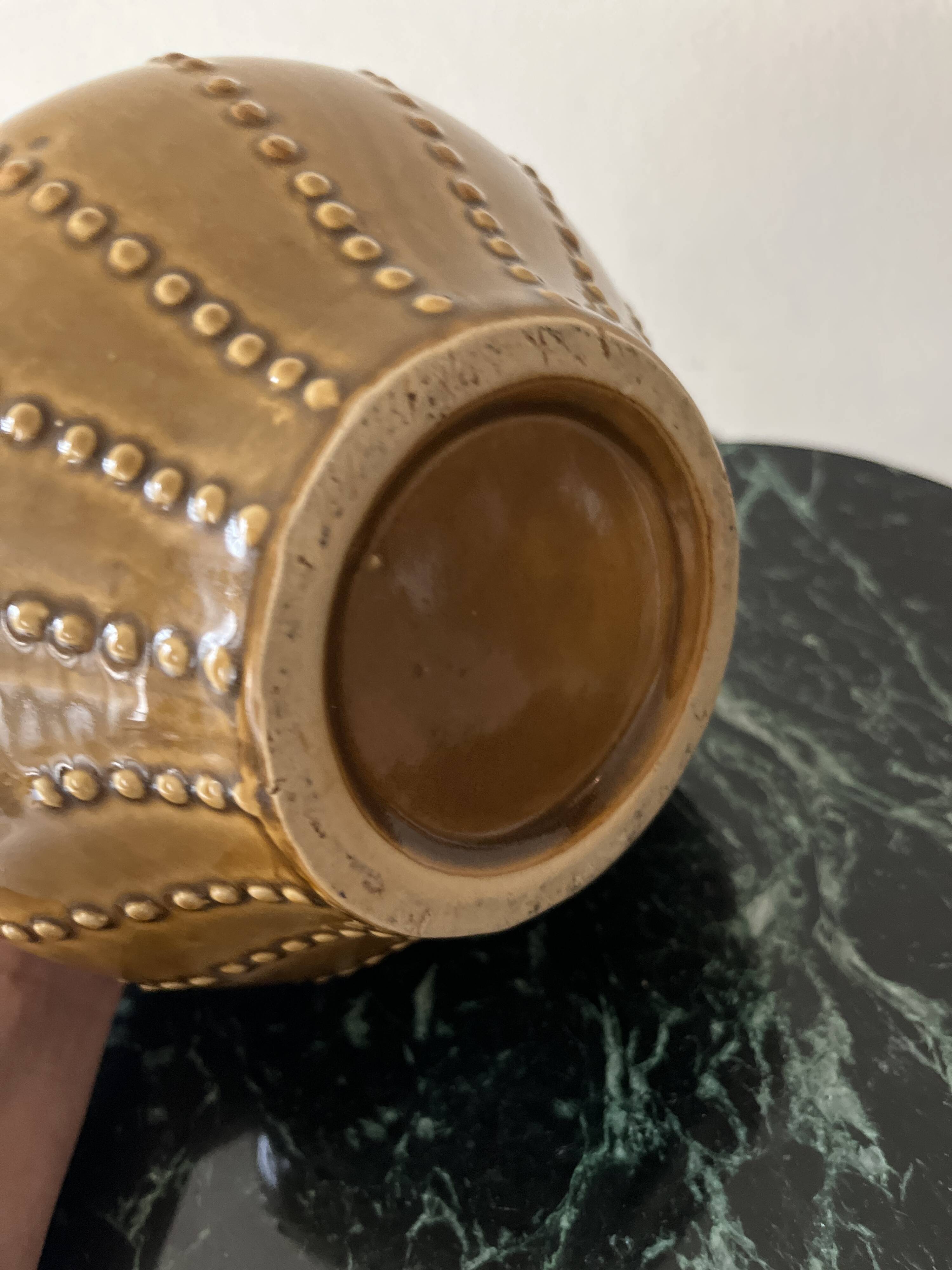 pear-shaped vase in ocher enameled ceramic and pearls
