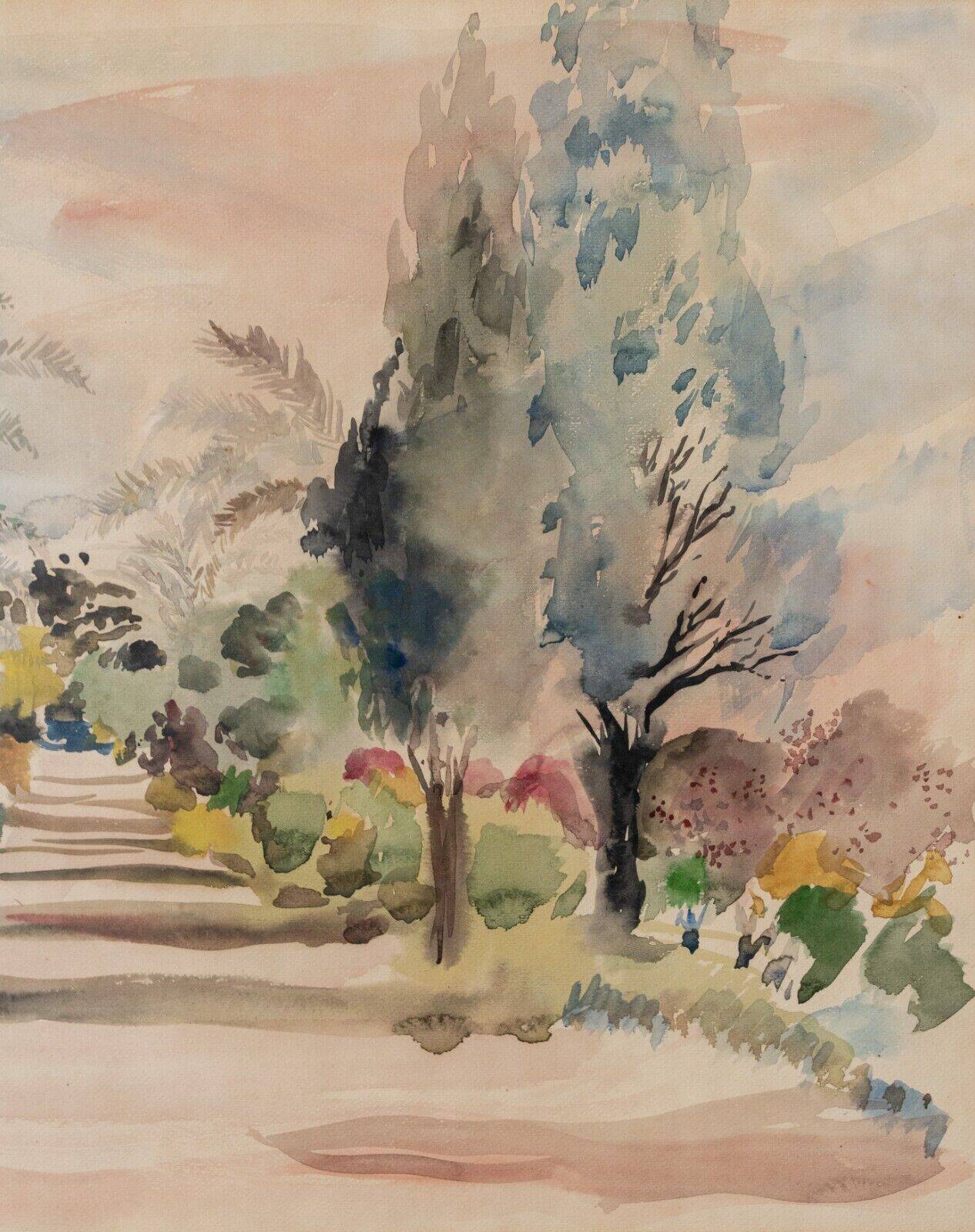 Watercolor on paper by Bernadette Sers Allée de Cyprès 20th century