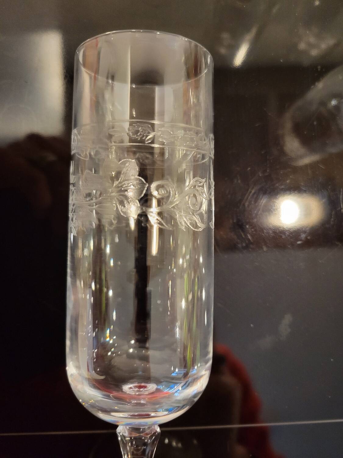 6 engraved crystal champagne flutes (floral) 1920