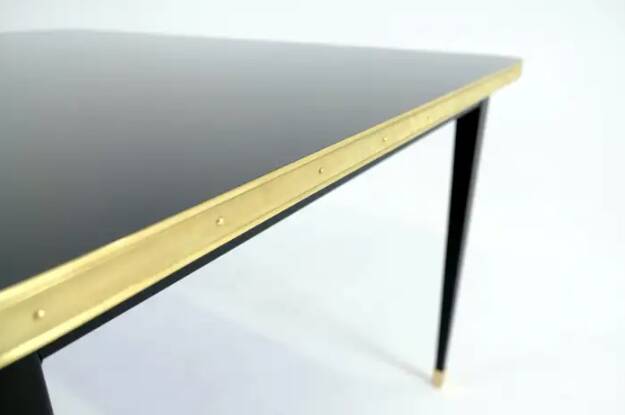 Square Dining Table, High Gloss Top, Brass, Black Cone Legs, Diamond Black - M