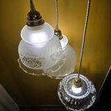 Original suspension of three vintage transparent glass globes.