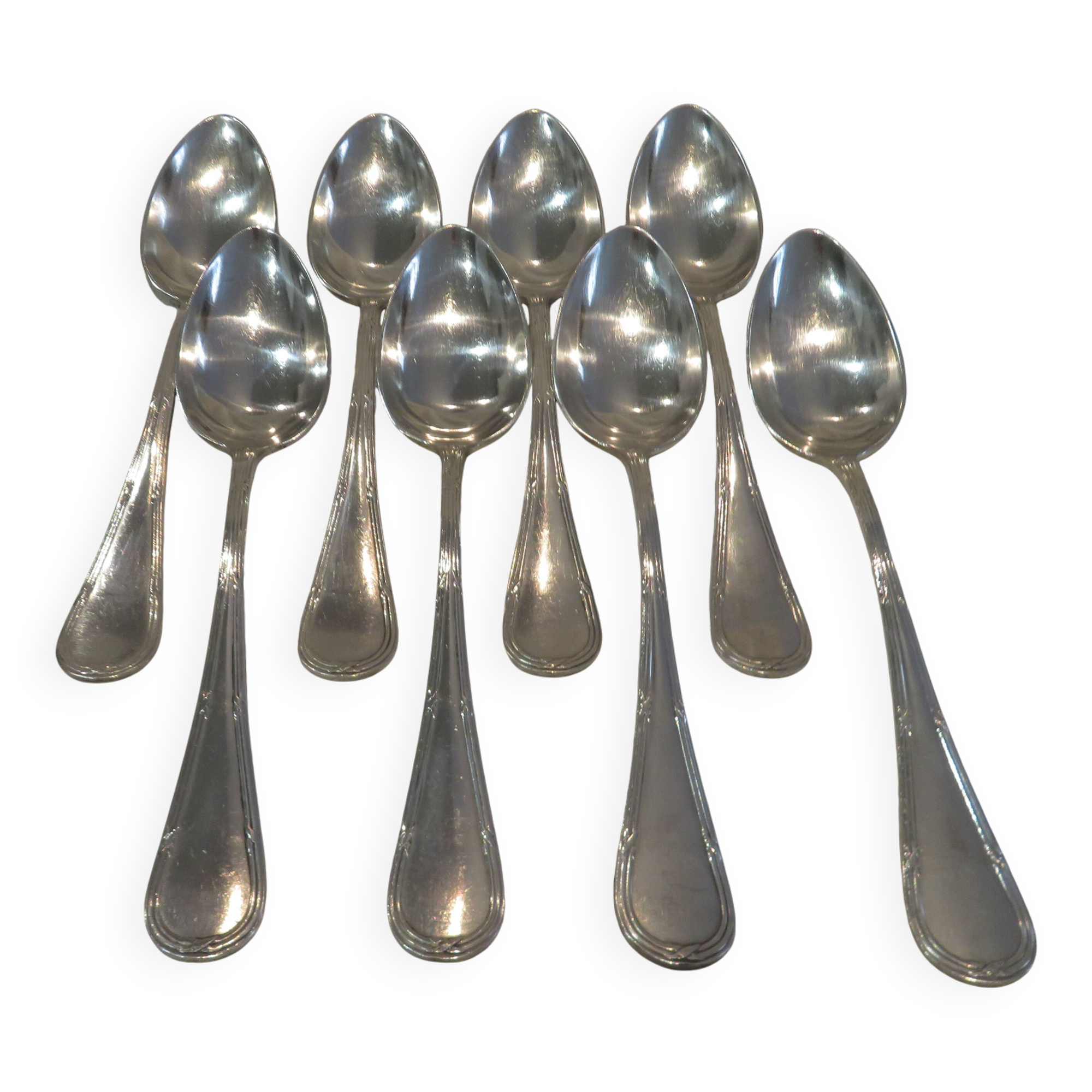 8 Louis XVI style silver plated dessert spoons with Mornier rushes 18.6cm