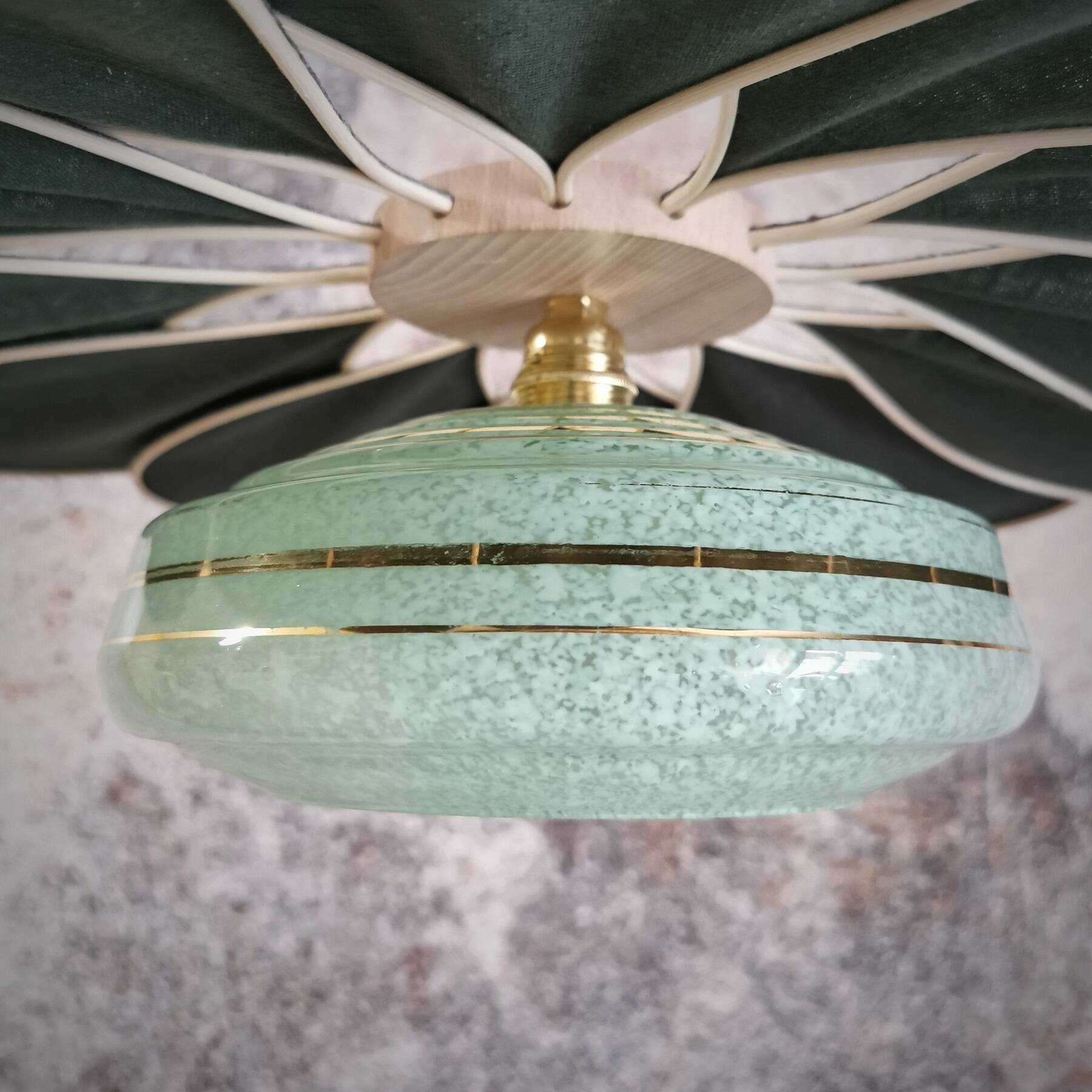 Rattan and Green Linen Flower Pendant Light and Vintage Clichy Glass Globe