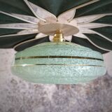 Rattan and Green Linen Flower Pendant Light and Vintage Clichy Glass Globe