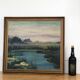 Grande peinture à l'huile vintage originale de paysage fluvial, vers 1960.