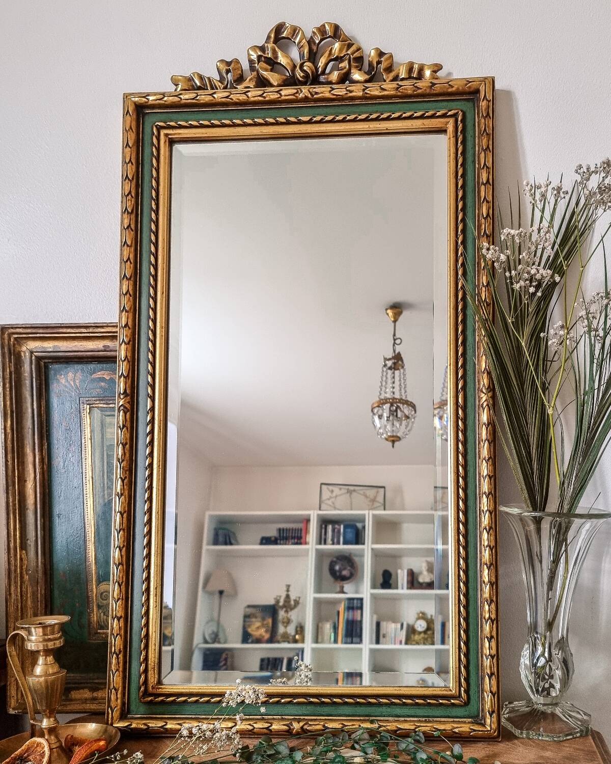 Gold and fir green beveled mirror, Louis XVI/Regency style, 1970