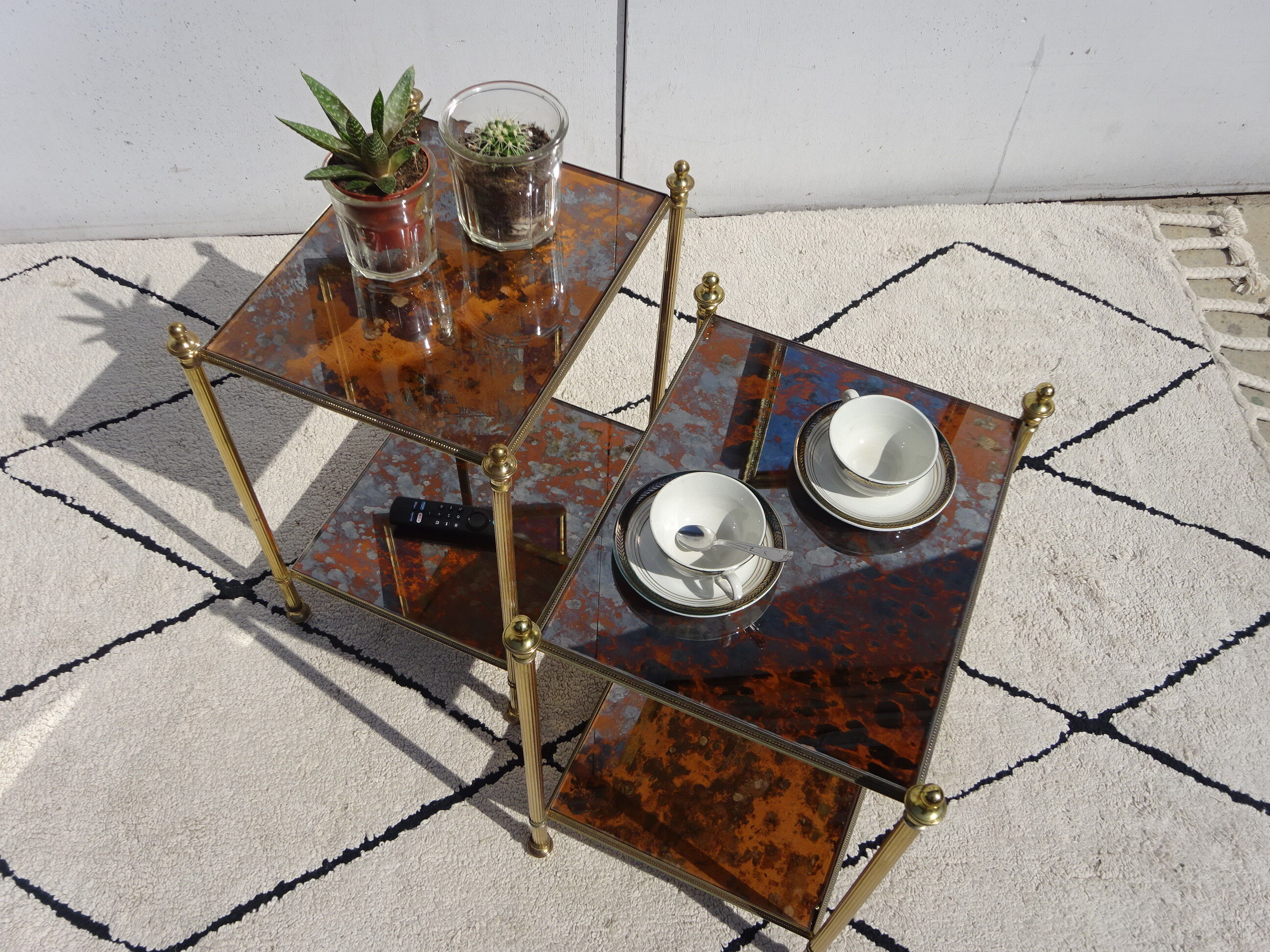 Pair of bedside tables in gilded brass and glass, midcentury