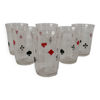 Ensemble de 6 verres à eau jeux de cartes années 70