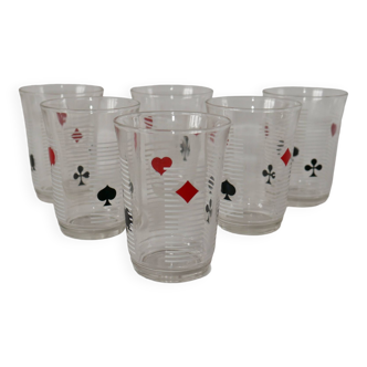 Set of 6 70s card game water glasses