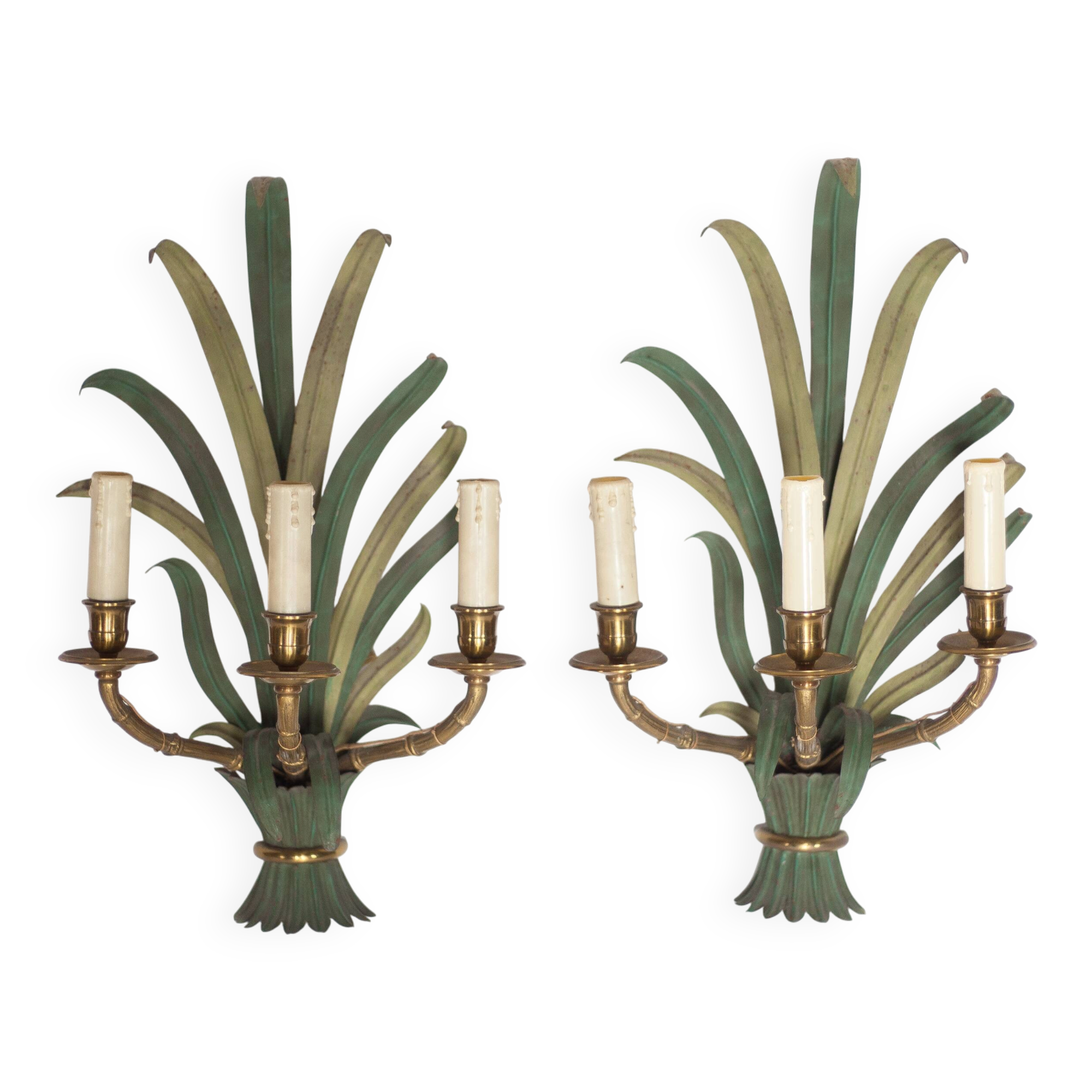 Pair of Maison Baguès wall lights with faux bamboo bronze and metal arms.
