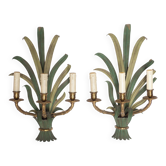 Pair of Maison Baguès wall lights with faux bamboo bronze and metal arms.