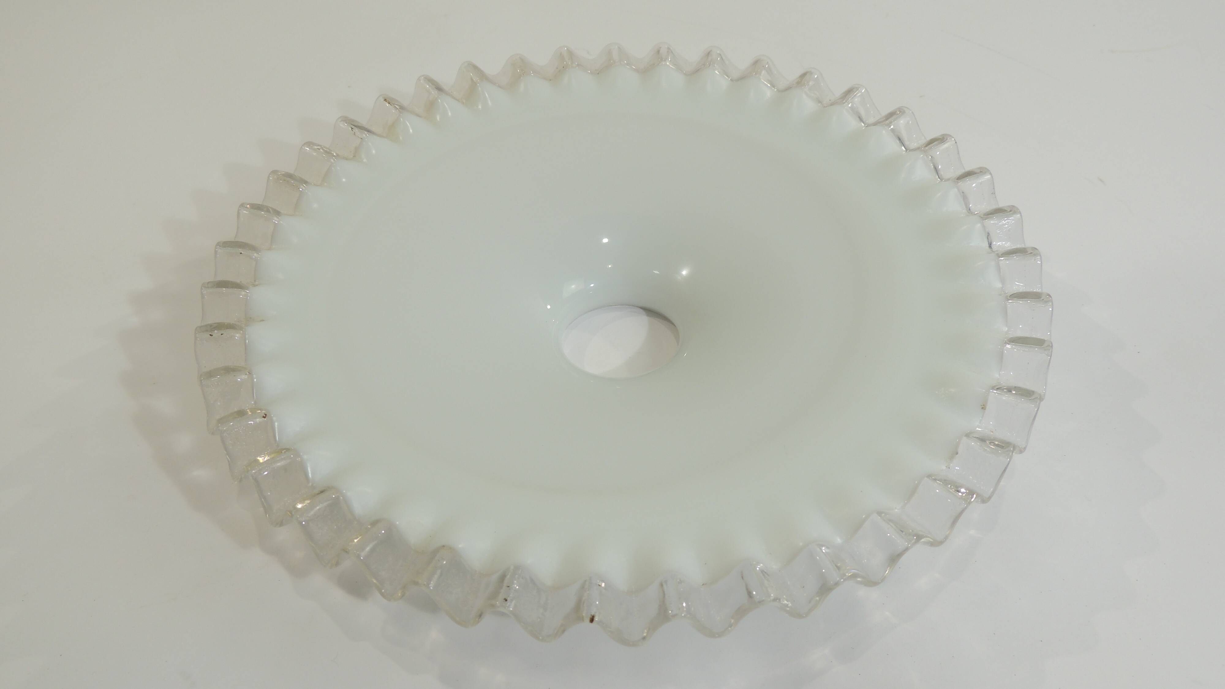 Vintage lampshade in white opaline glass with a transparent serrated edge – Globe