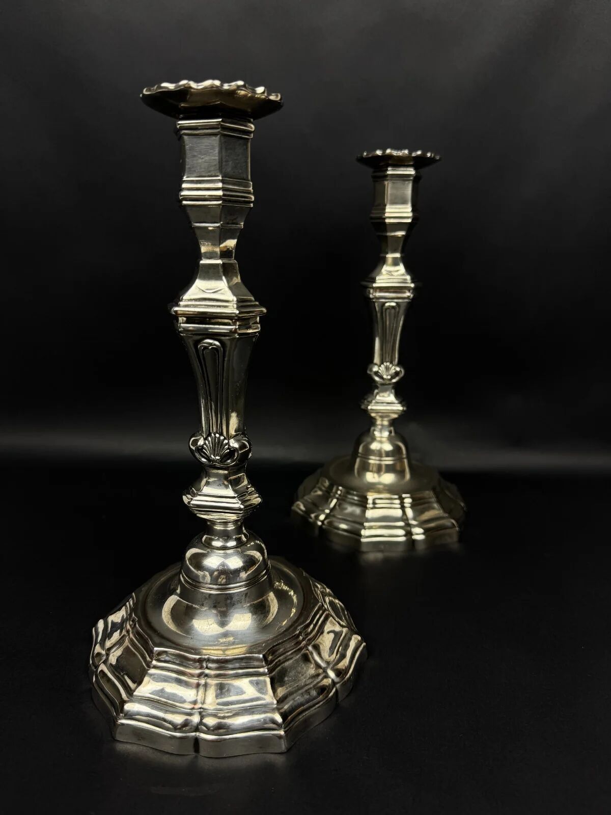 Pair of silver-plated bronze candlesticks, Auguste Monnier Veuve, 1911