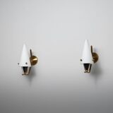 Pair of 1950s Italian Brass Sconces with Conical Opaline Glass Shades
