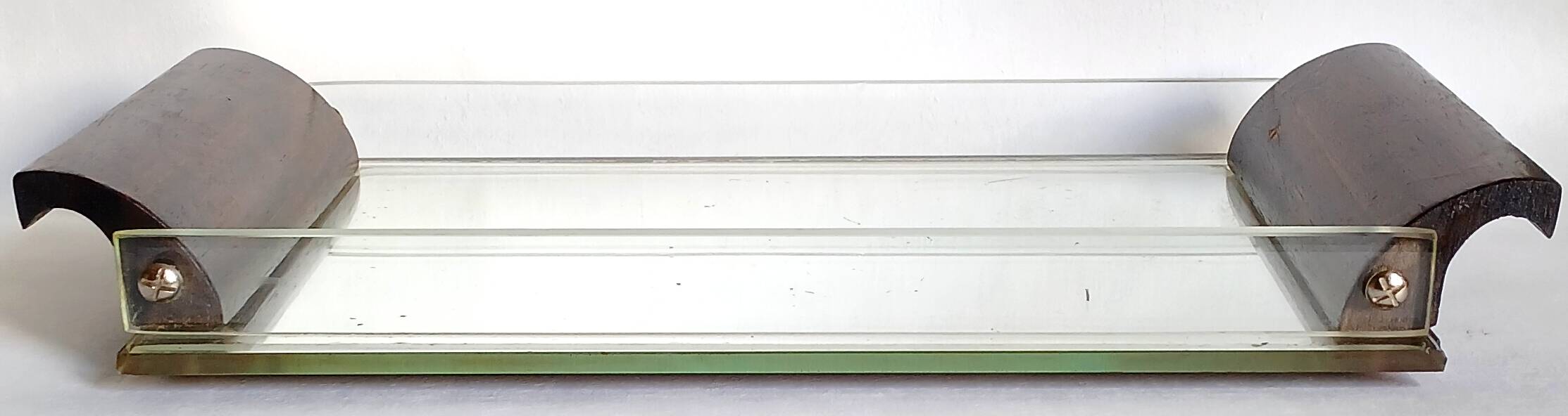 Art Deco mirror, glass & exotic wood courtesy tray. 1930s