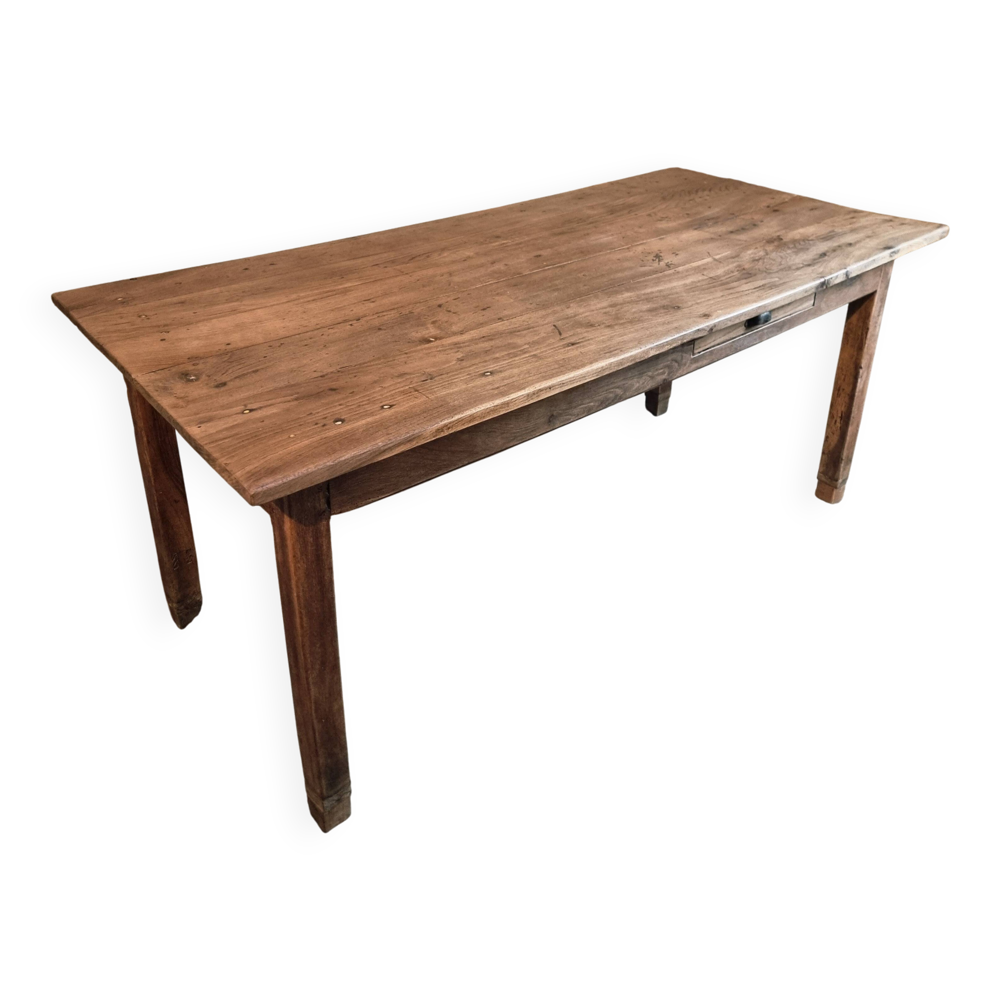 Table de ferme française ancienne en chêne avec deux tiroirs — XIXe siècle