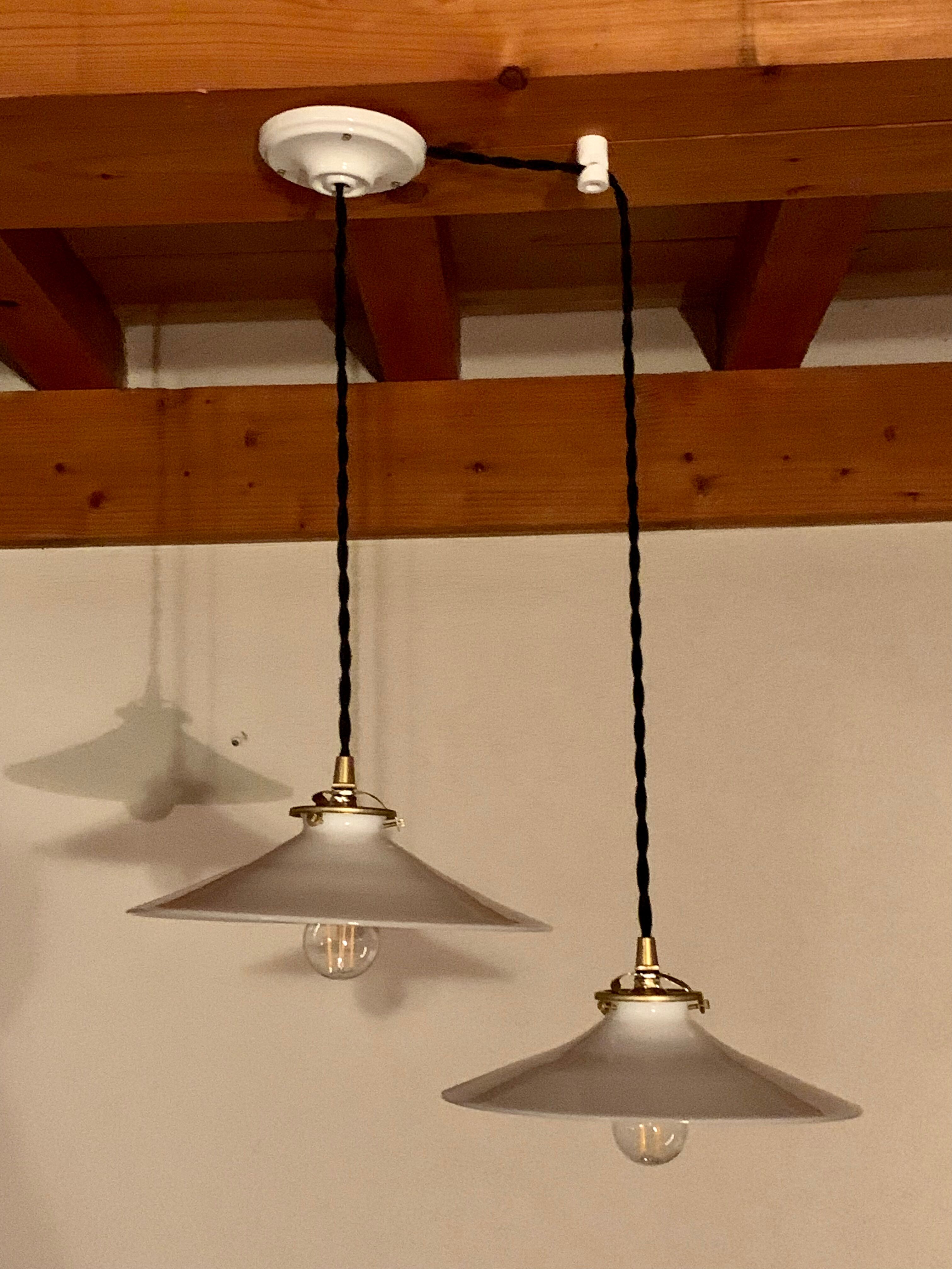 Pair of serrated opaline bistro pendant lamps