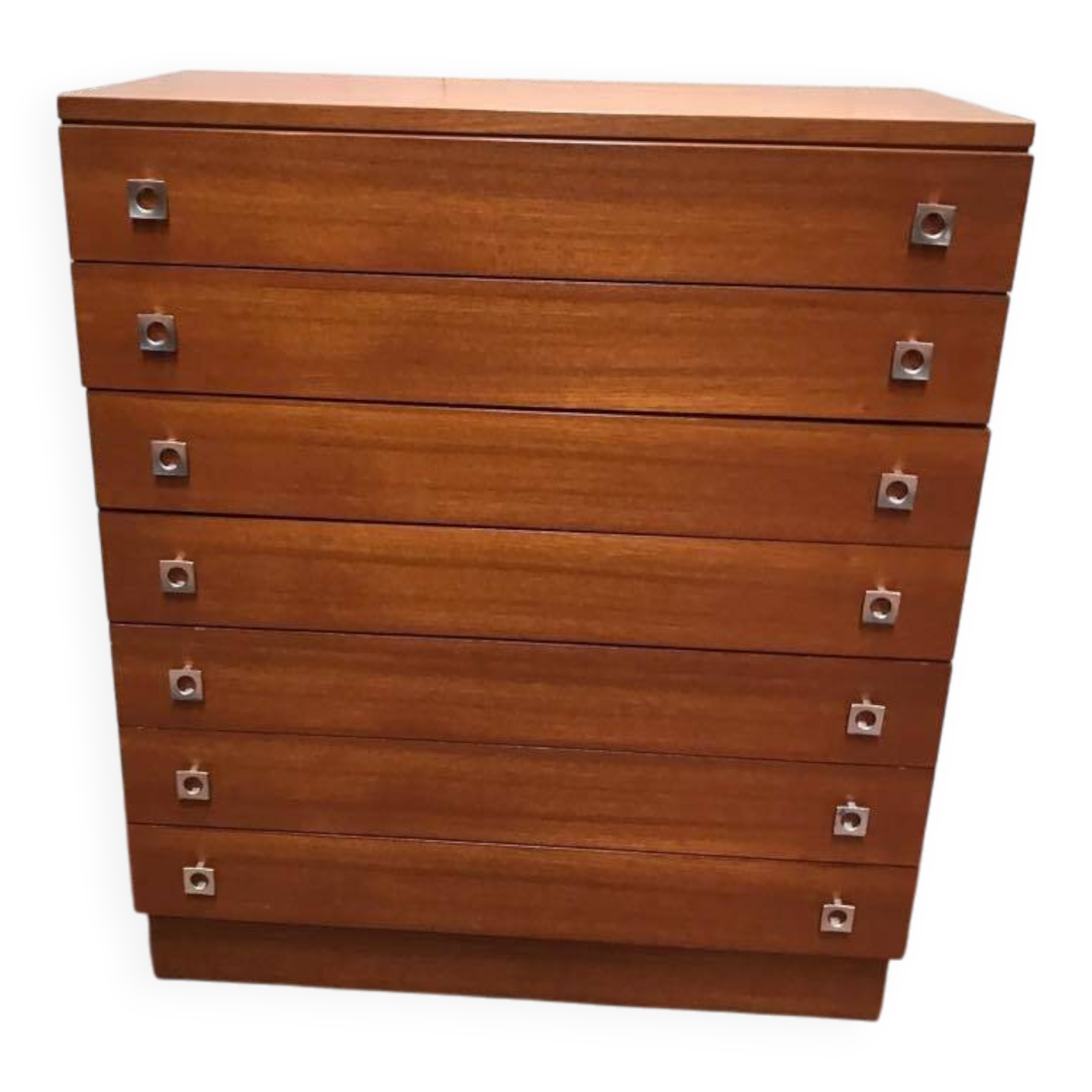 Brown teak Mid-Century chest of drawers with 7 drawers from the 1960s, sleek lines, discreet base.