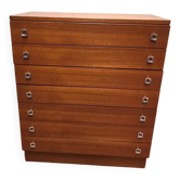 Commode en teck marron Mid-Century 7 tiroirs années 1960, lignes épurées, socle discret