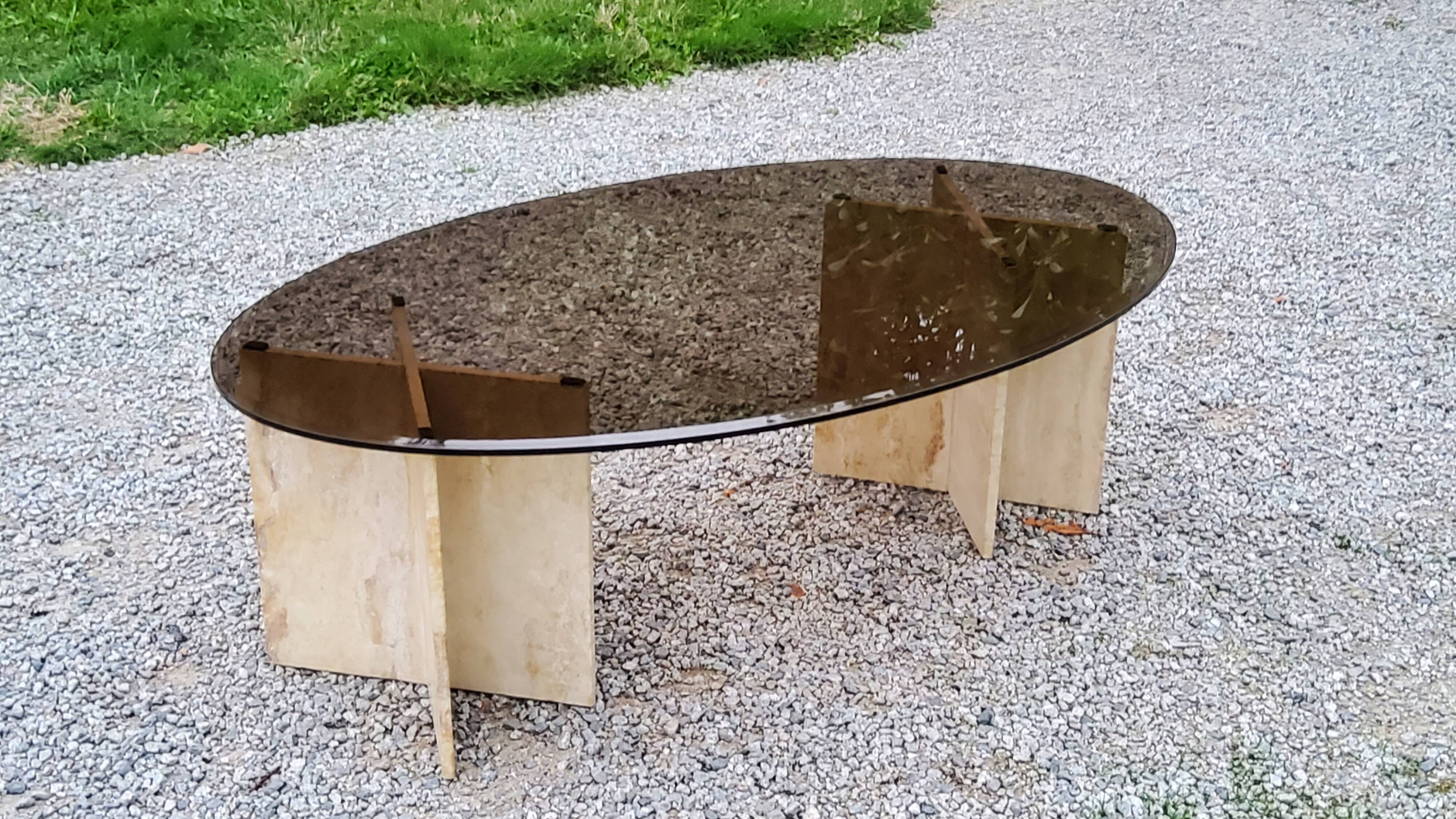 70s travertine and smoked glass designer coffee table