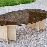 Table basse design en travertin et verre fumé des années 70