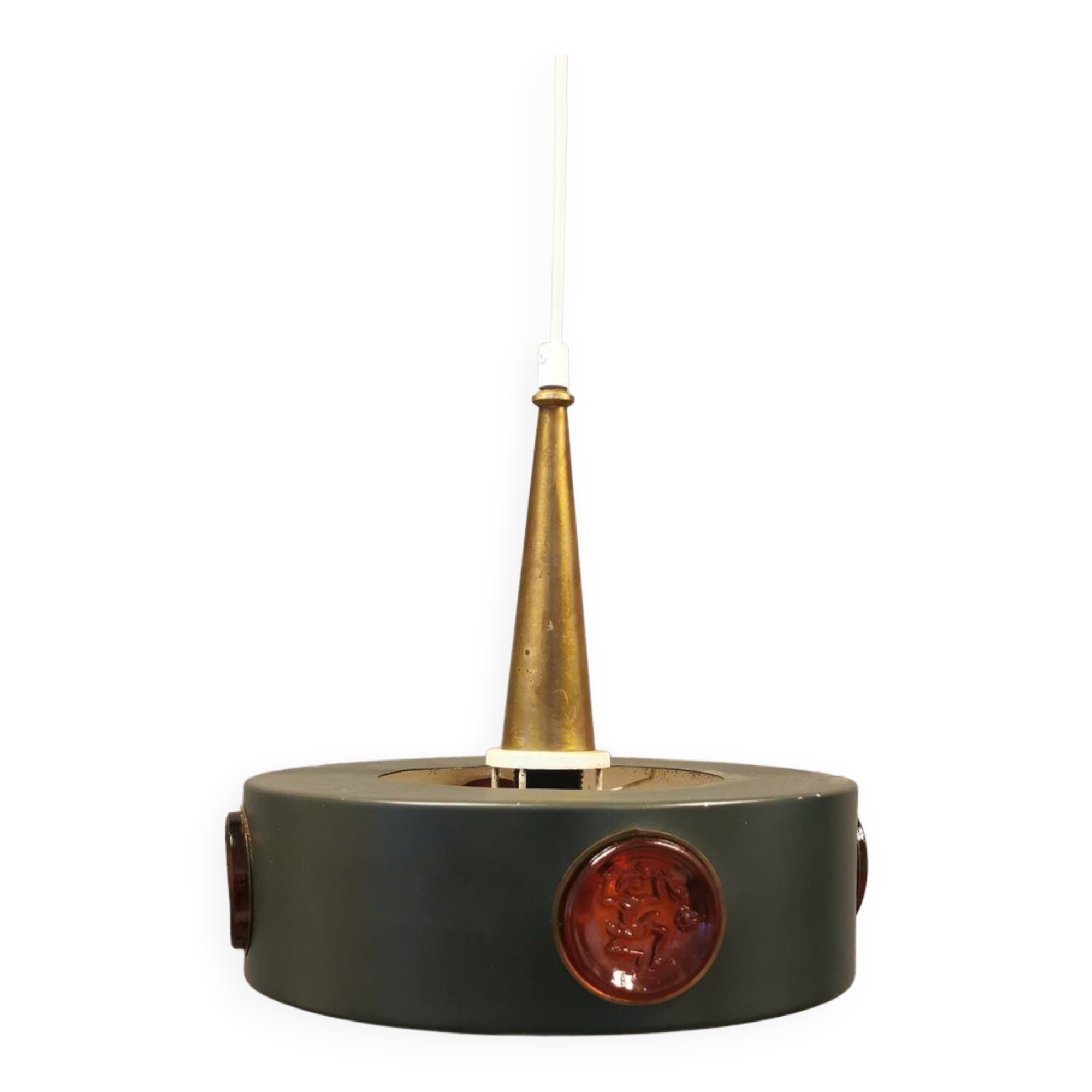 Swedish hanging lamp, in dark green lacquered metal with red glass prisms and brass top/suspension.