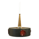 Swedish hanging lamp, in dark green lacquered metal with red glass prisms and brass top/suspension.