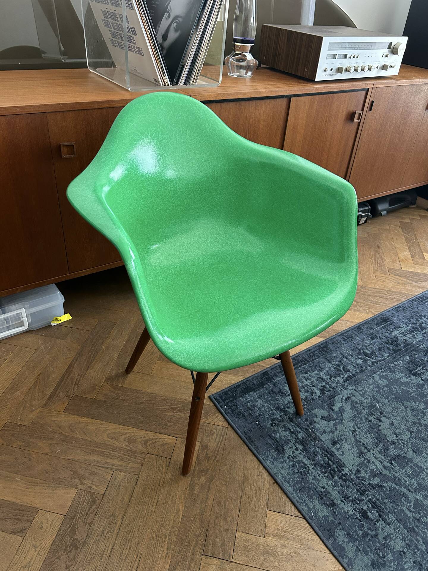 Ray and Charles Eames Fibreglass Arm Shell Dowel Chair Green