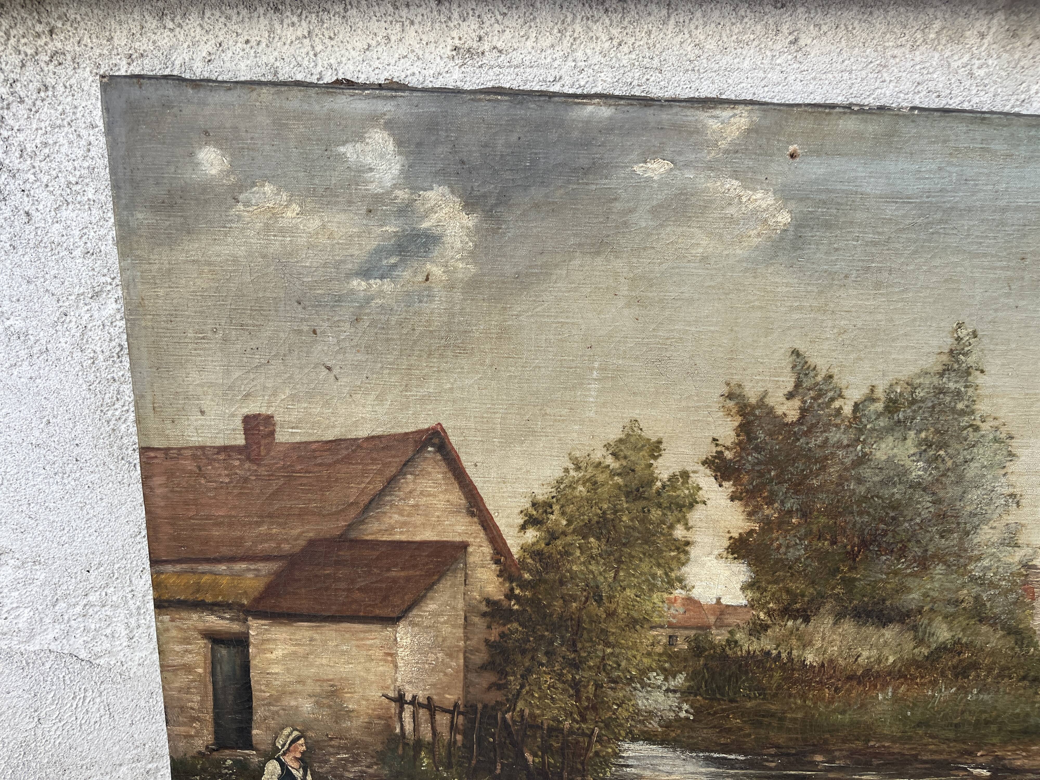 Old painting signed G. Thomas ? Cows at the watering place » (1906)