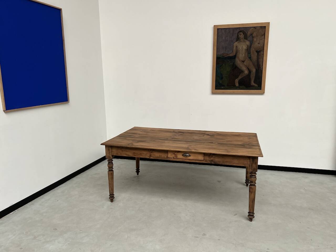 Antique farm table from the 1950s, with 3 drawers and turned legs