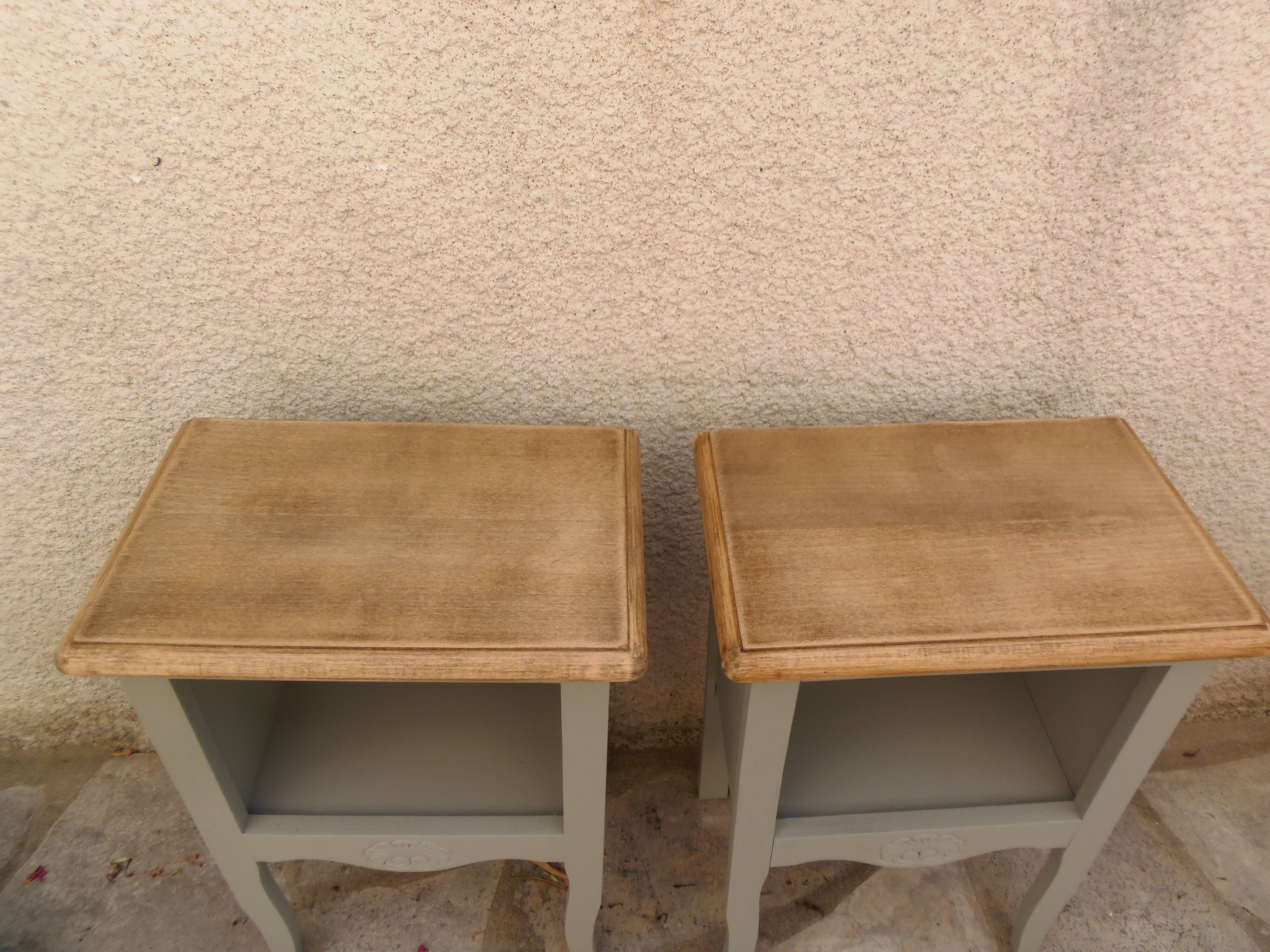 Pair of restored antique bedside tables, carefully refurbished. Painted in grey-green.