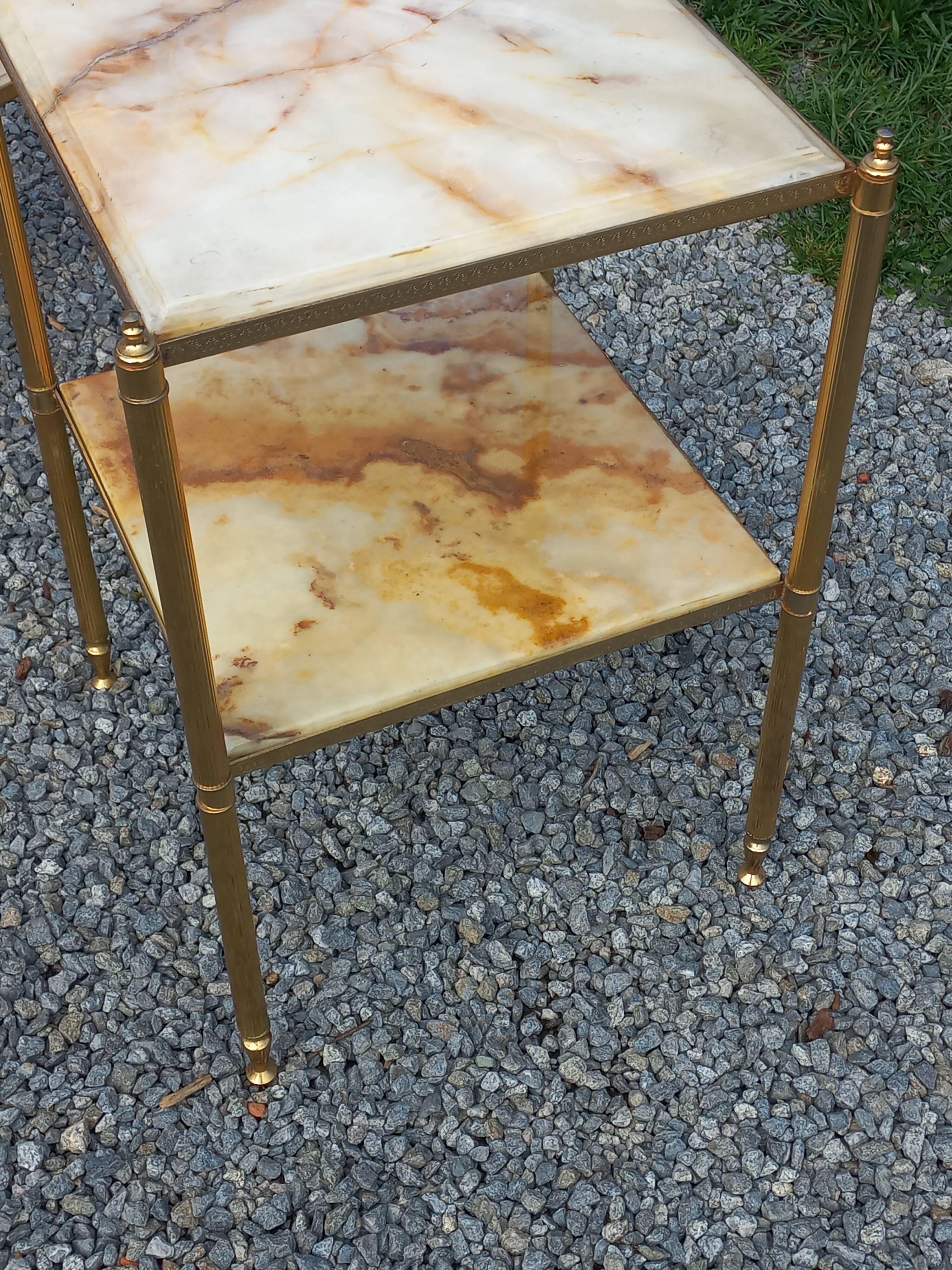 Pair of neoclassical side tables in bronze, brass, marble, and o.