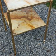 Pair of neoclassical side tables in bronze, brass, marble, and o.