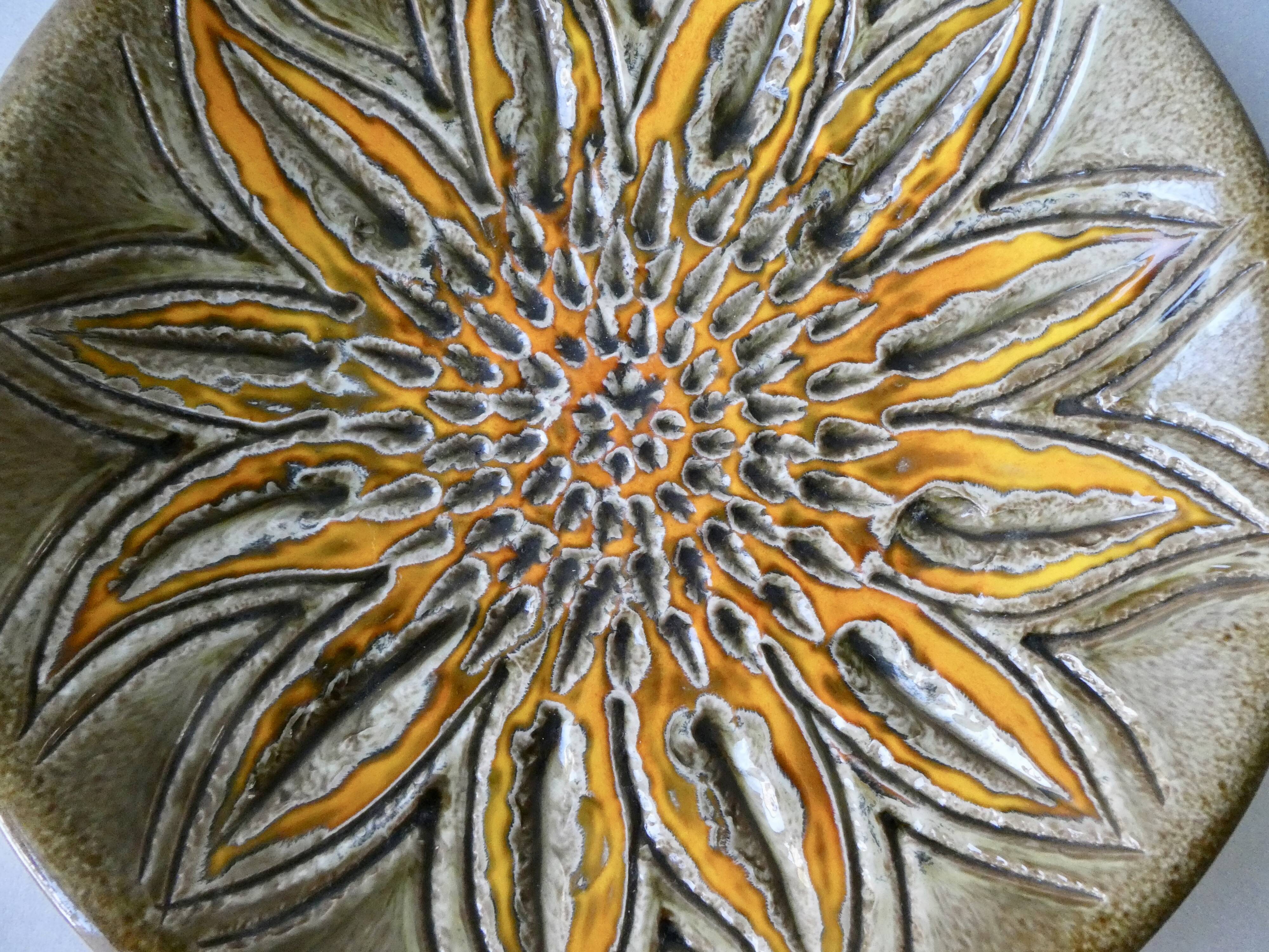 Enamelled ceramic dish, flower, Perigordine pottery, 60s