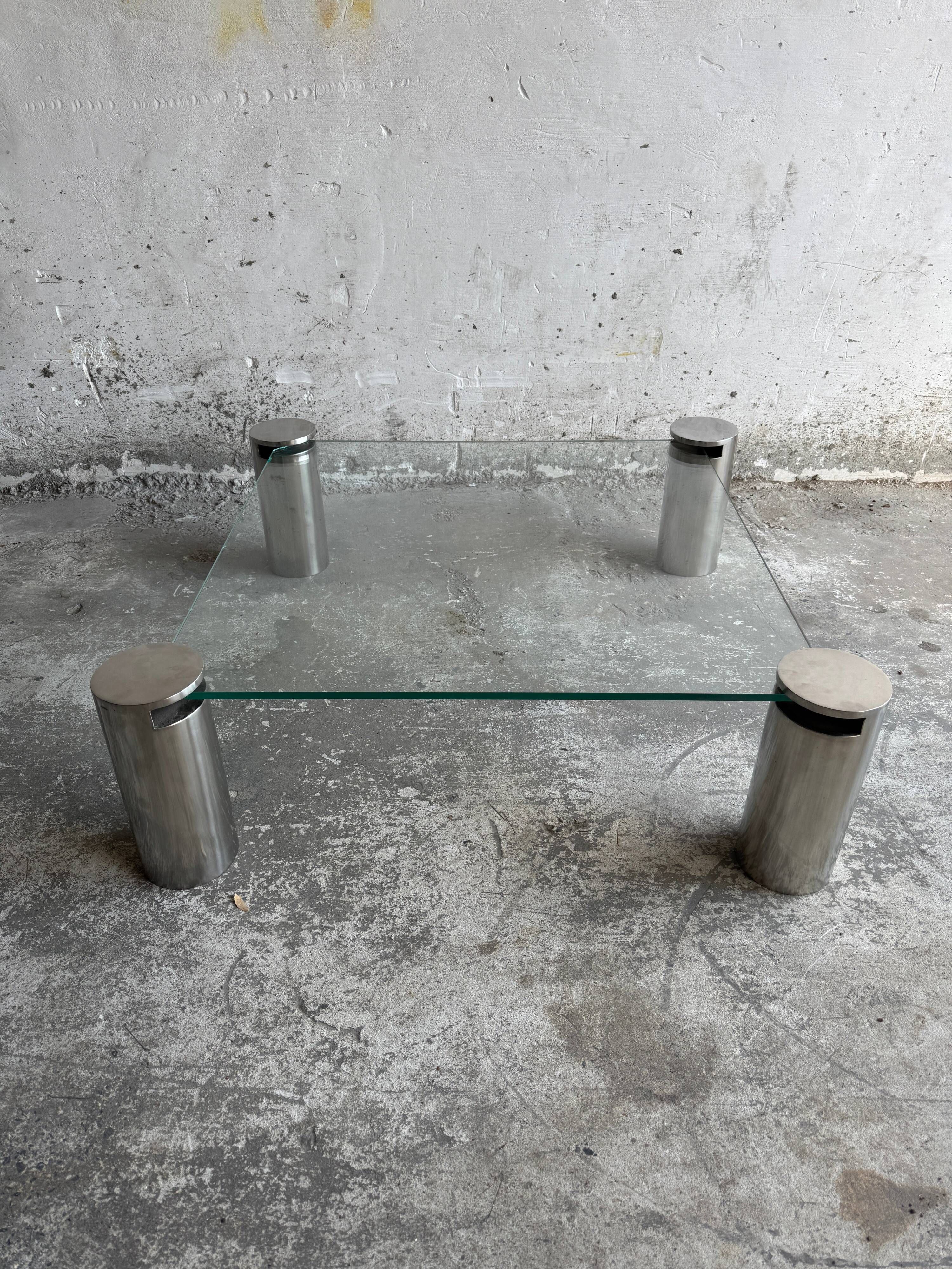 Clear Glass Square Coffee Table with Stainless Steel Cylinder Legs