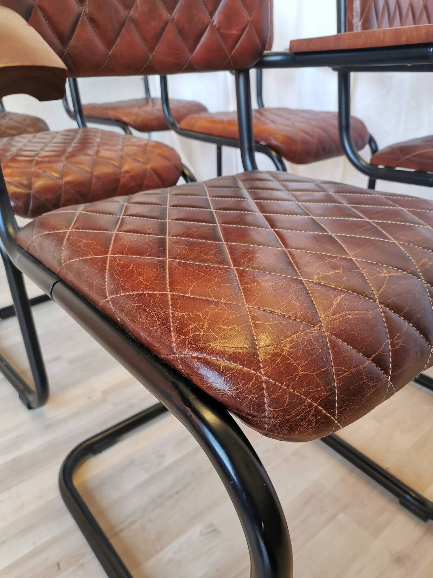 Set of 6 Vintage Cognac Leather Dining Chairs: Quilted Industrial Armchair