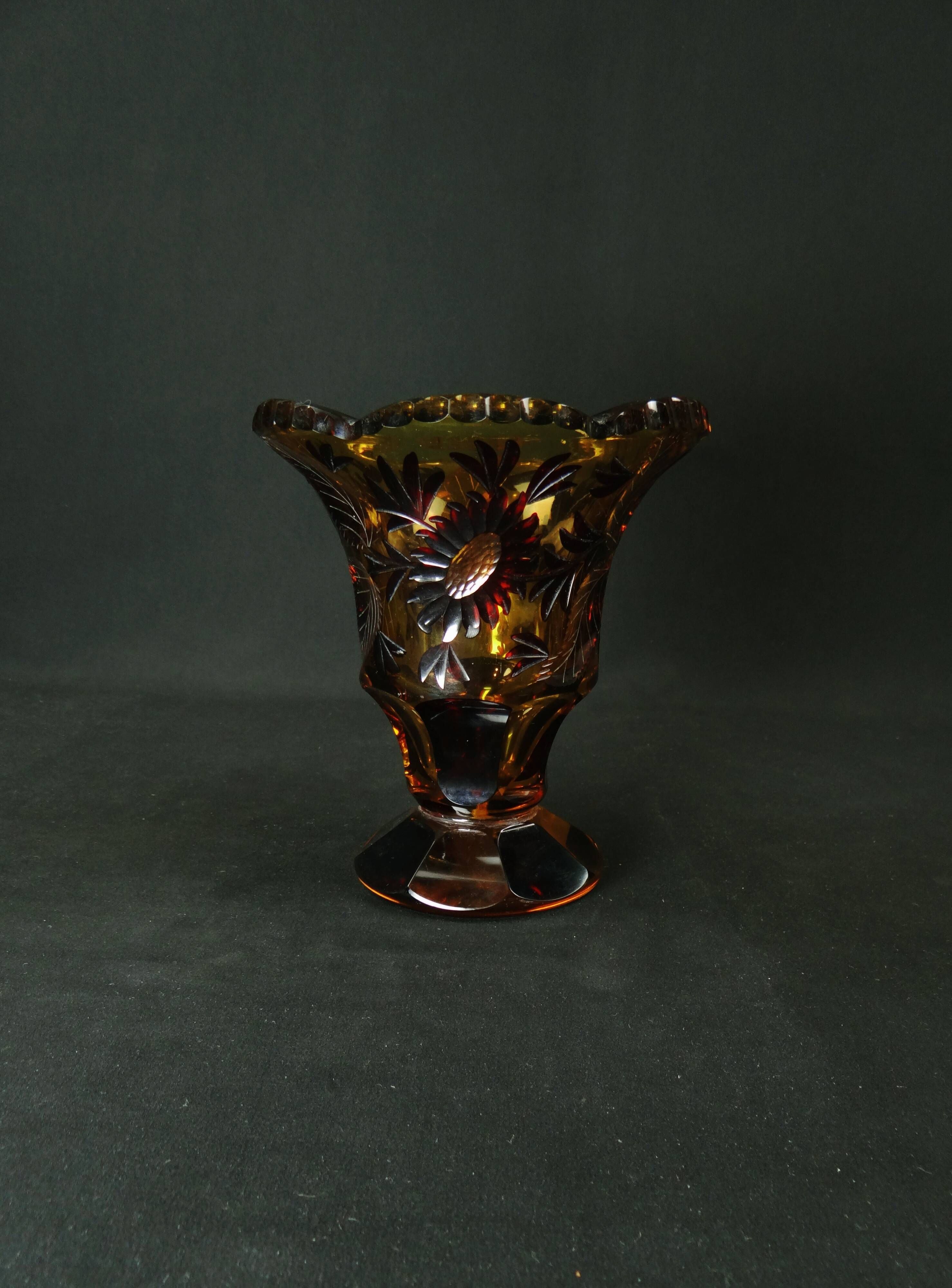 Bohemian cut crystal vase with Art Deco ruby red amber floral decoration