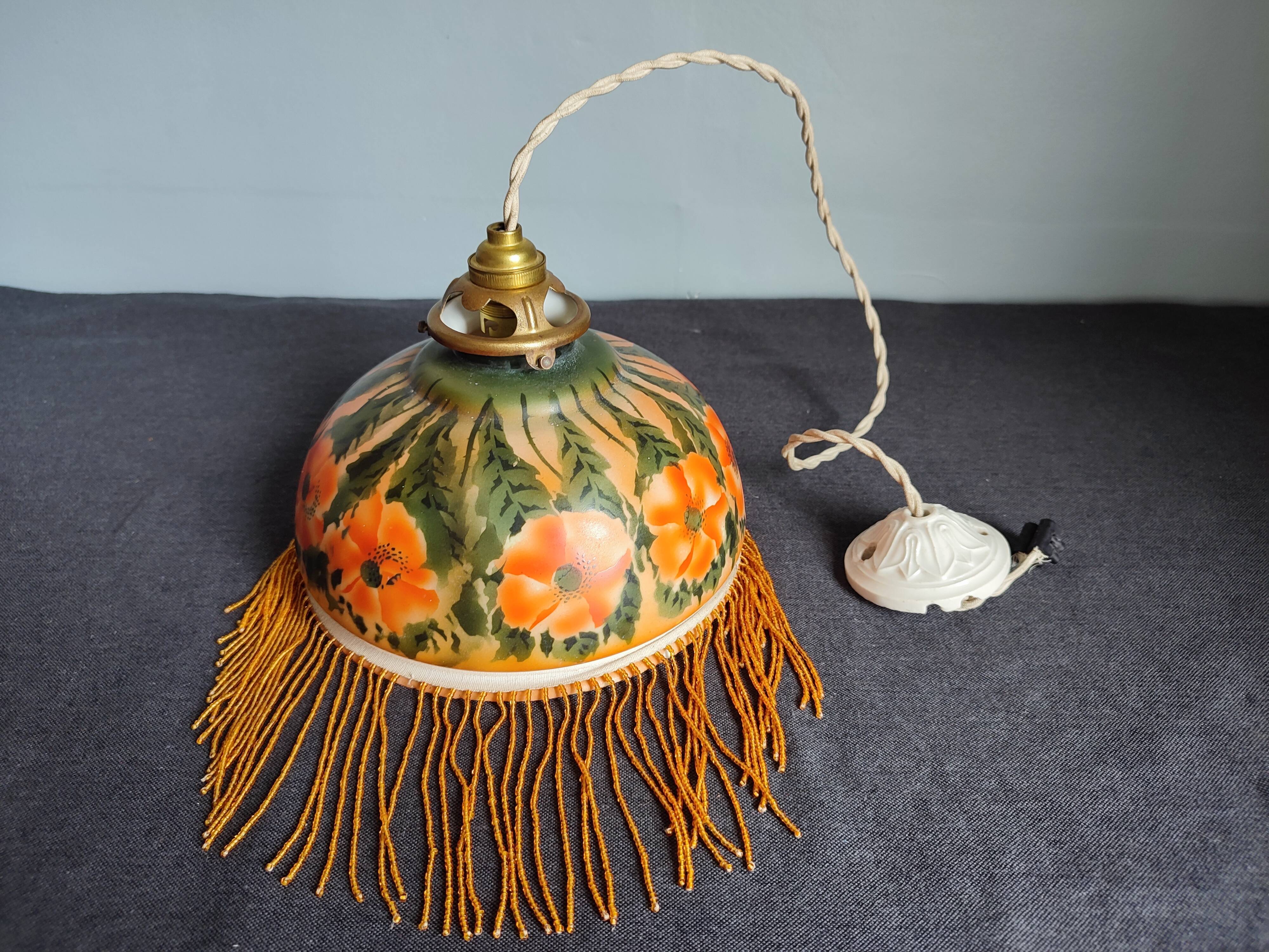 Old opaline and its tassels hanging lamp