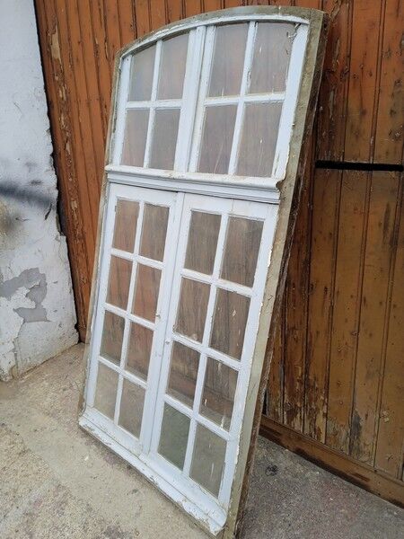 Old arched house window / transom, hammered glass, cremone