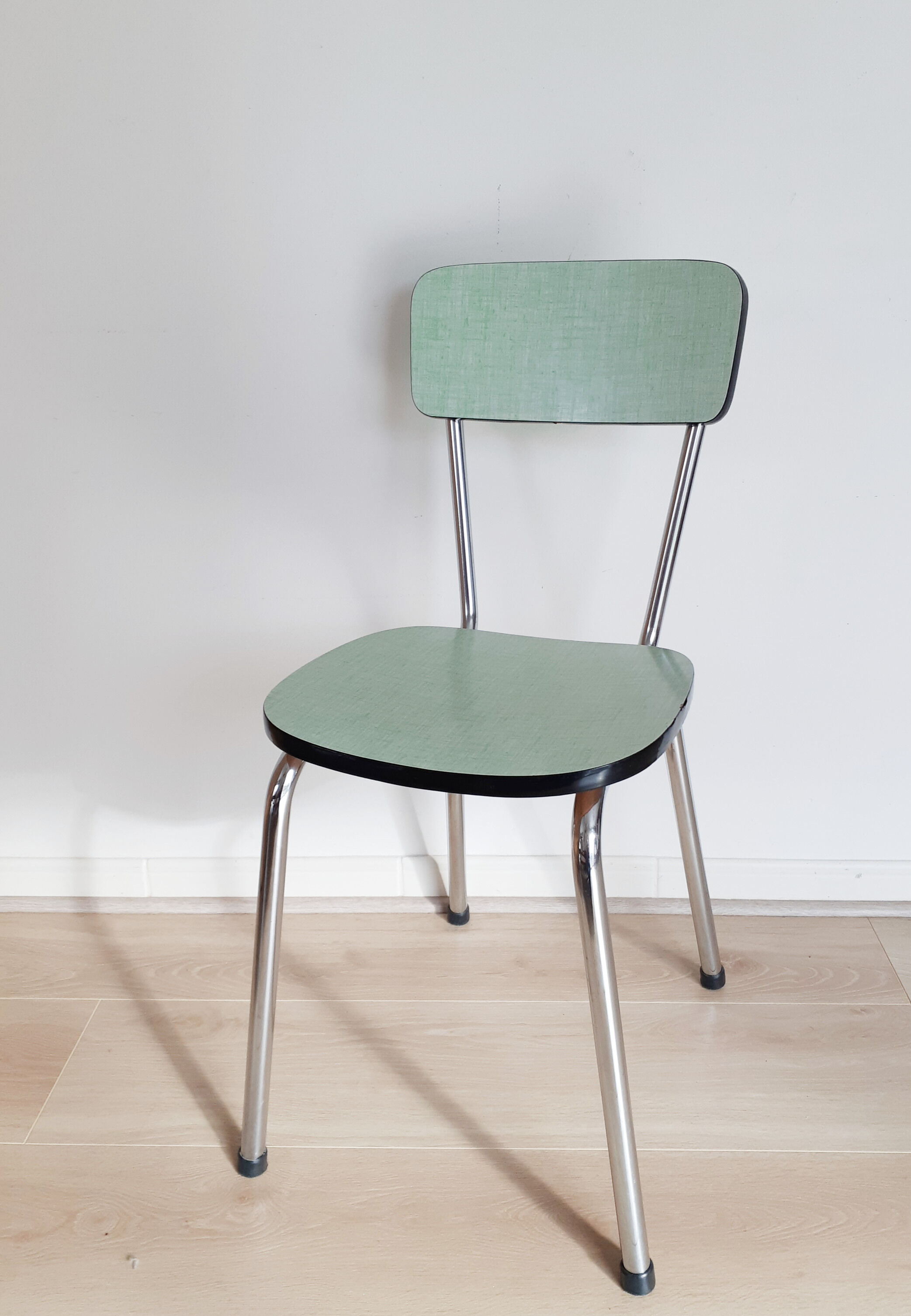 Vintage kitchen chair in green formica and stainless steel, 50s, antique French
