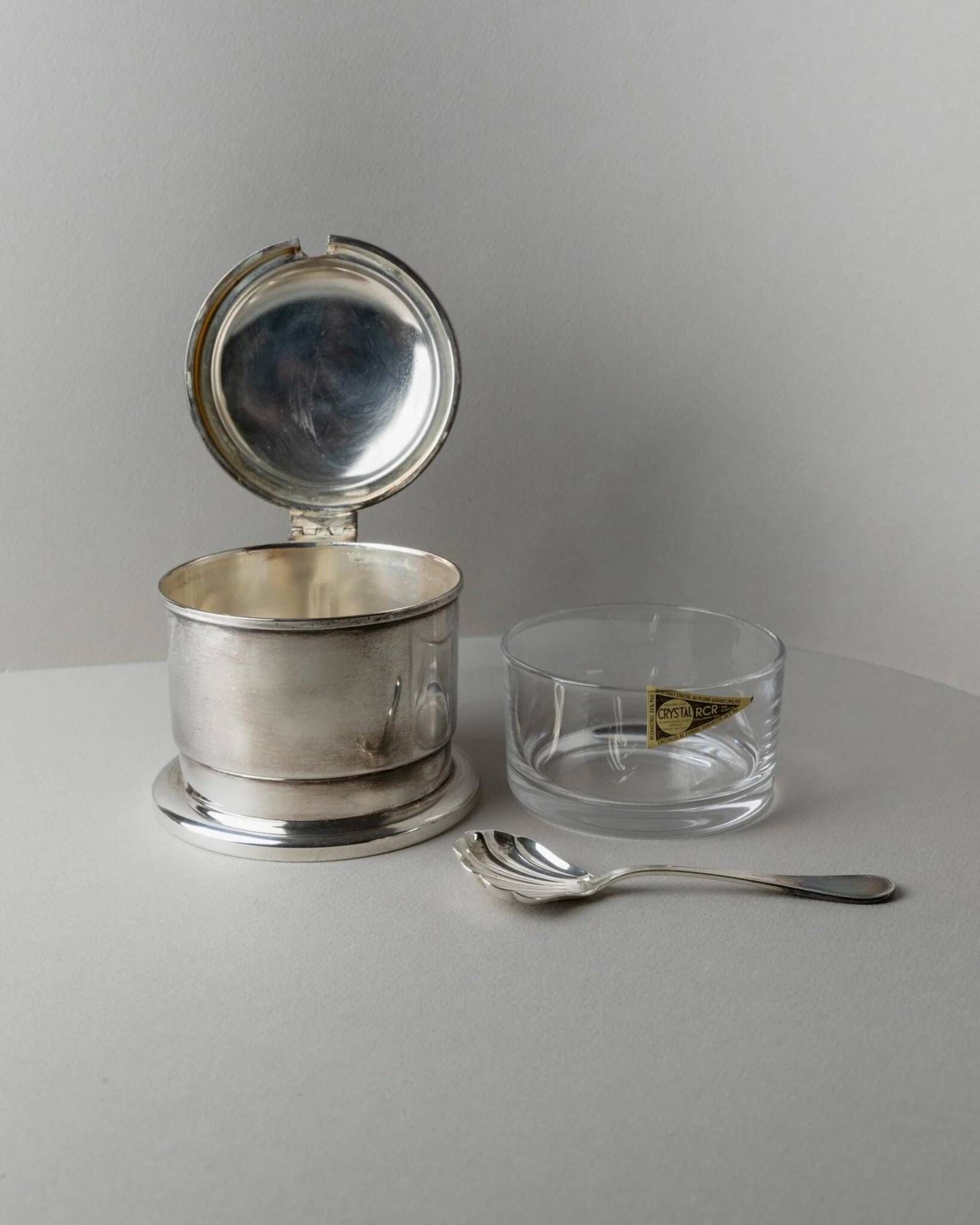 Argent Metal Silver-Plated Art Deco Lidded Box with Spoon, Italian 1930s Table Decor