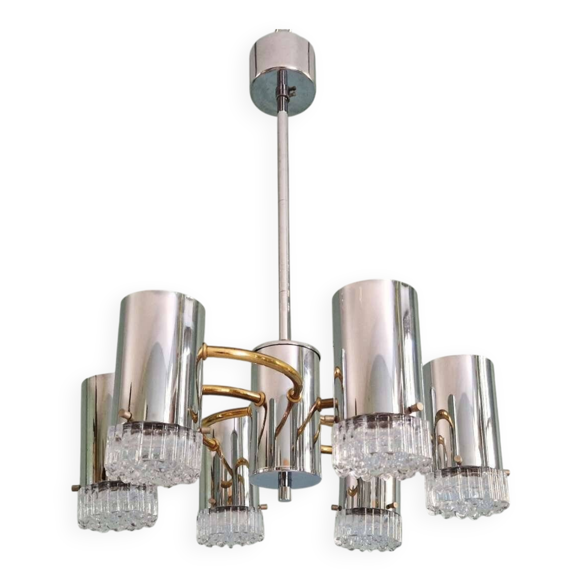Space Age chandelier in chrome metal and brass, 1970s