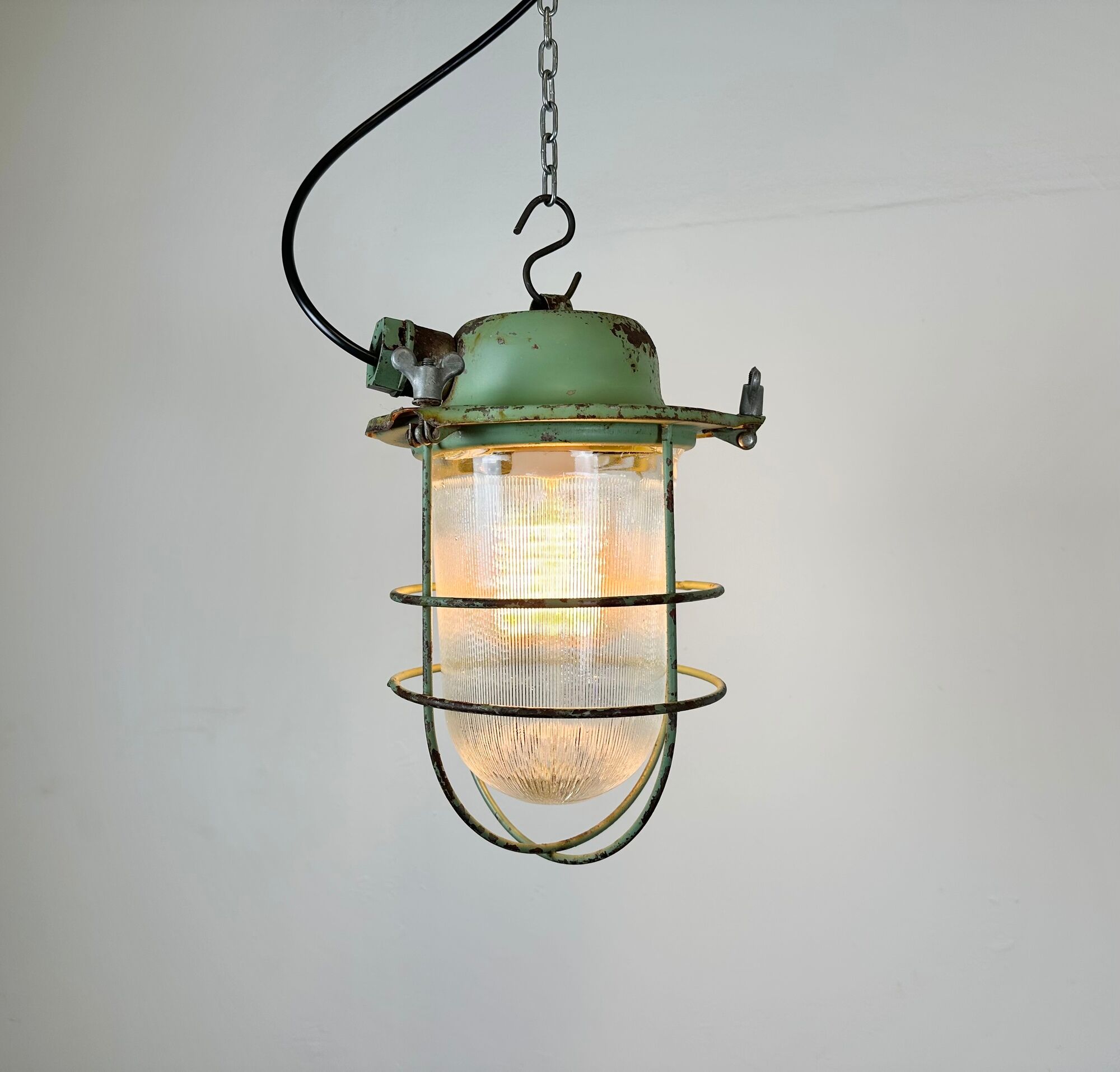 Green Industrial Soviet Bunker Pendant Light with Iron Grid, 1960s
